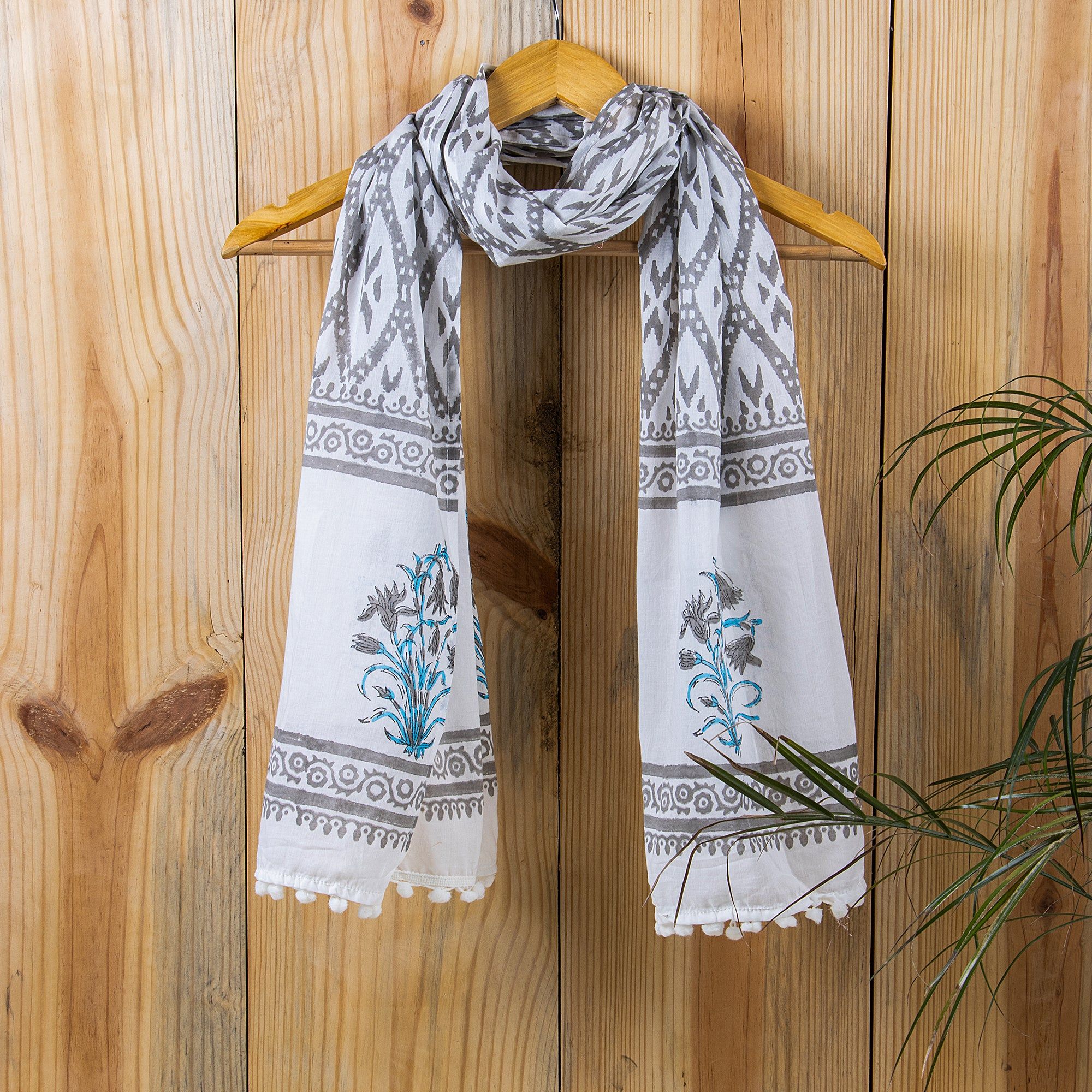 Grey Floral Handmade Block Printed Cotton Stole For Women
